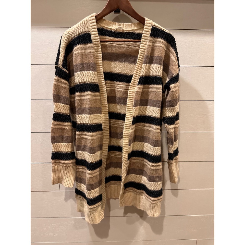 Hem & Thread Womens Large Striped Open Front Cardigan Tan Brown Gold Shimmer